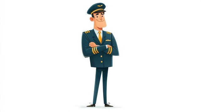 A cartoon style male character in a dark blue pilot uniform with golden buttons and epaulettes,