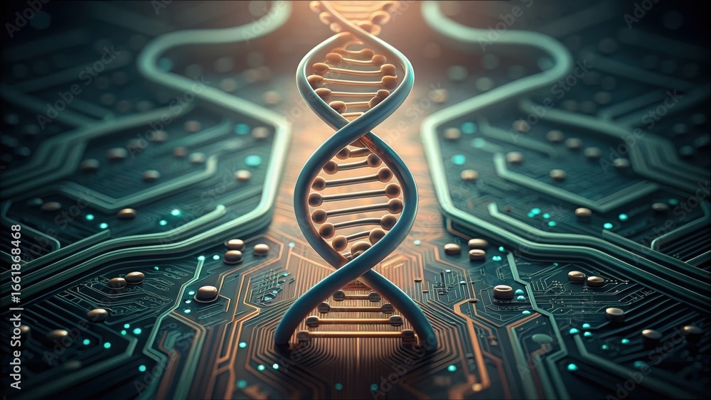 Poster helix merging with circuit board representation of technology and biology