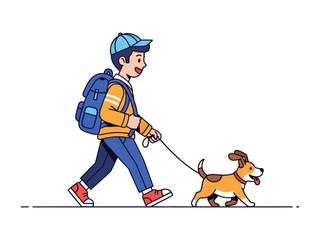 Dog Walk: A vibrant illustration captures a young boy and his happy dog strolling along a sunny pathway. Reflecting a beautiful connection and a simple pleasure.