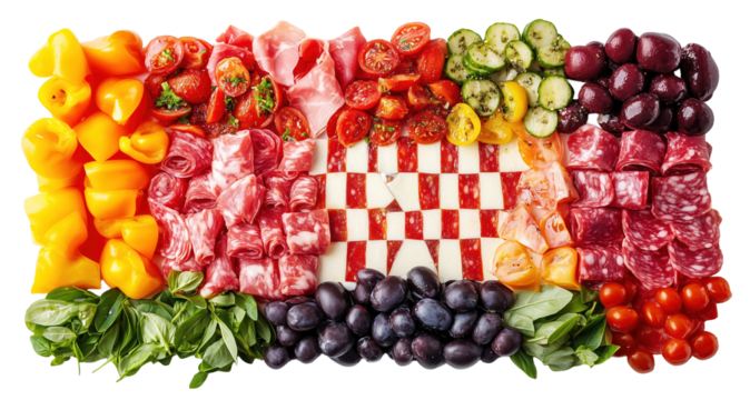Vibrant antipasto platter features checkerboard of cheese and salami, surrounded by colorful vegetables and olives, creating visually appealing and appetizing display., isolated