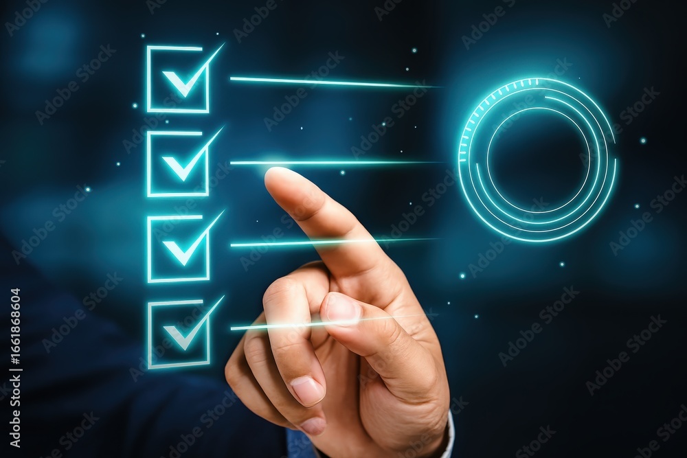 Poster a hand points to glowing checkboxes, showcasing a futuristic interface for tasks.