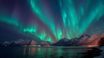 Vivid Aurora Borealis Display Over Snowy Mountain Range and Calm Lake at Night