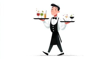 A cheerful cartoon bartender holds two trays with colorful cocktails, wearing a dark apron and white shirt,