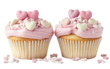 Freshly baked cupcakes with vibrant pink icing and decorative candy emphasizing playful pastry design, celebration treats, and dessert creativity isolated on transparent background PNG