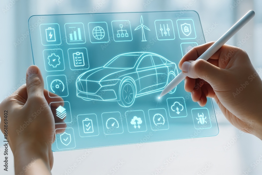 Poster a hand holding a tablet with a translucent display showcasing a digital car design and various appli
