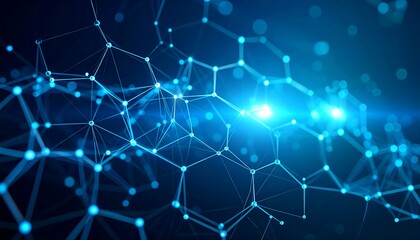 Obraz premium Glowing Blue Network: Interconnected Nodes with Bright Flare, Abstract Technology Background