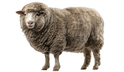 Full-body photograph of an American Merino sheep, white background