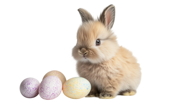 Adorable little rabbit placed near colorful Easter egg highlighting festive charm springtime happiness and cultural holiday traditions isolated on transparent background PNG
