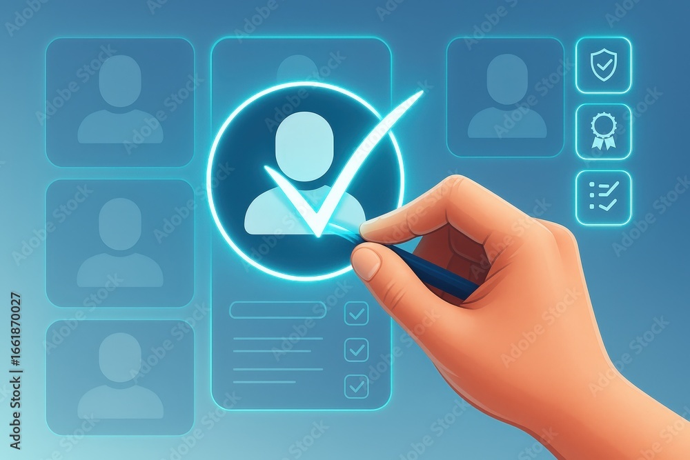 Aufkleber a hand, with a pen, marks a check next to a user profile on a digital interface, signifying acceptan
