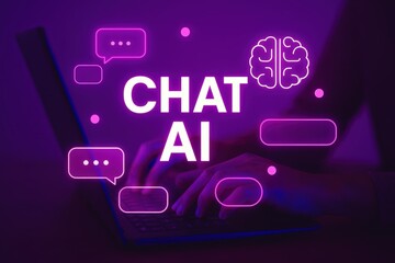 Hands typing on a laptop, illuminated by vibrant neon pink light, showcasing the phrase CHAT AI, with various graphic elements such as chat bubbles and a brain icon.