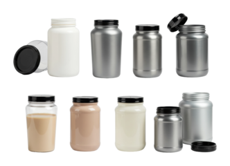 Variety of storage jars for food and drinks kitchen product neutral isolated PNG