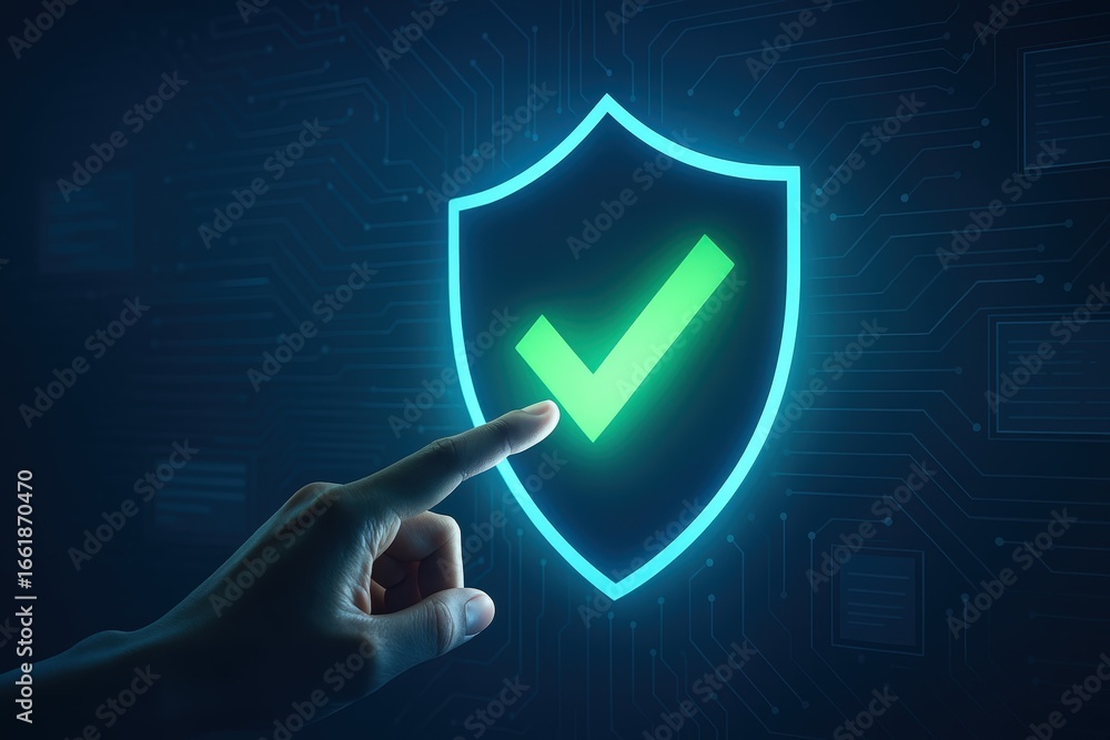 Poster a hand points to a glowing green checkmark icon on a digital shield, highlighting secure technology.