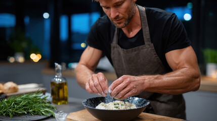 A dedicated chef skillfully prepares a flavorful dish by blending fresh ingredients in a modern kitchen, showcasing culinary art at its finest with attention to detail.