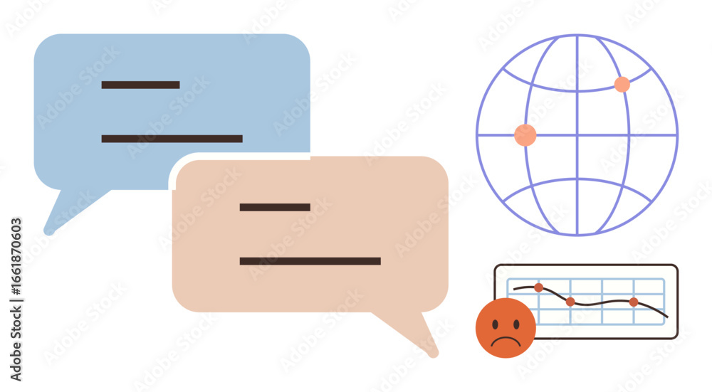 Poster speech bubbles, globe with pinpoints, and declining graph with sad face convey communication, global