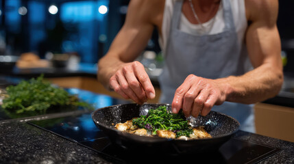 A chef meticulously arranges fresh greens atop a gourmet dish, emphasizing the elegance and sophistication of modern culinary techniques in a stylish kitchen setting.