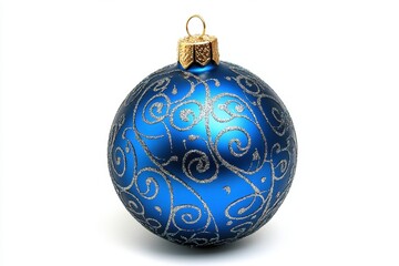 Blue Christmas Bauble with Gold Ornament, Shiny Surface, Intricate Swirls Single and golden