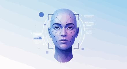 Futuristic digital portrait of a humanoid figure with facial recognition elements and data interface