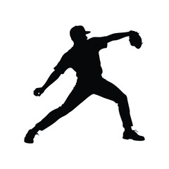 Silhouette of a baseball pitcher in midthrow with white background, baseball pitcher throwing silhouette vector illustration