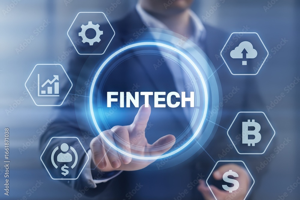 Aufkleber a hand interacts with a digital interface displaying the term fintech, surrounded by various financi