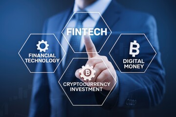 A businessperson's hand interacts with a futuristic interface, highlighting fintech, financial technology, digital currency, and investment opportunities.