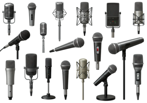 Dynamic microphone showcase studio setting collection professional environment various views sound technology exploration isolated PNG