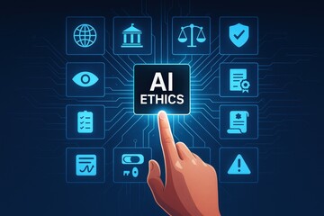 A hand interacts with a digital interface highlighting the concept of AI ethics.