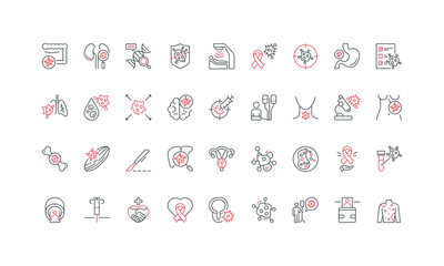 Oncology, cancer diagnosis and treatment line icon set. Tumor markers and target therapy for patient, tumor cell pathology, chemotherapy thin black and red outline symbols vector illustration