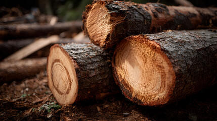 Stacked logs show growth rings on freshly cut ends bark intact