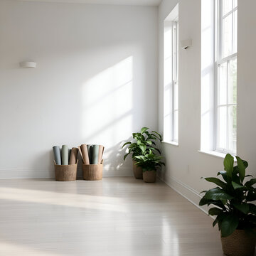 Fototapeta A bright and minimalist yoga studio with natural light and plants.