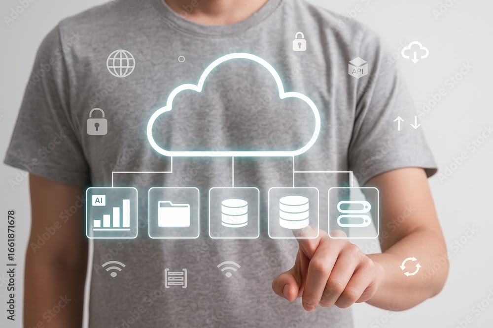 Poster a person interacts with a glowing cloud computing interface overlaid on a gray t-shirt, highlighting