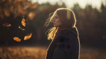 Young Caucasian woman in profile reflecting outdoors during autumn with falling leaves and soft light