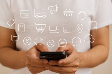 Hands holding a smartphone, with various digital commerce icons overlaid, showcasing online shopping features.