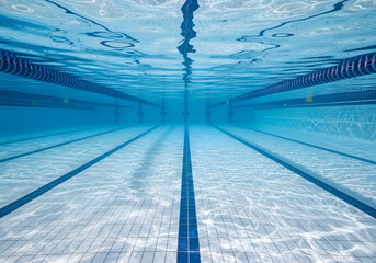 Underwater view of an empty swimming pool with clear blue water and lane lines, showcasing the tiled bottom.
