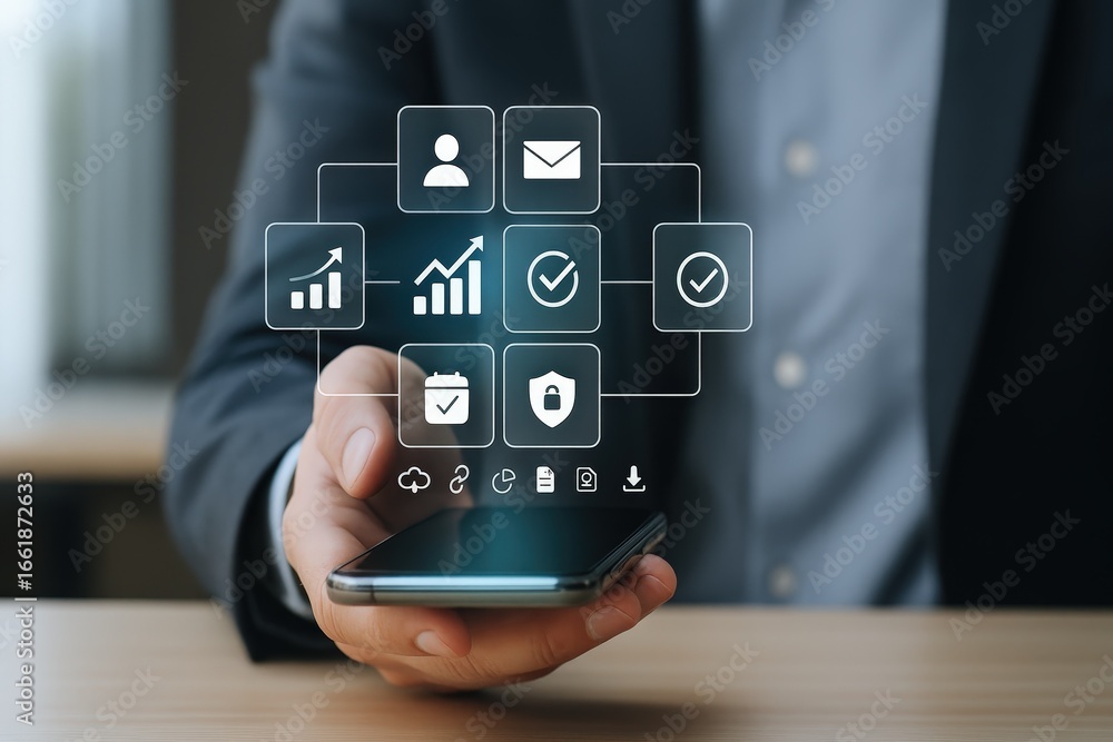 Poster a person holds a smartphone displaying an interactive interface with business-related icons overlaid