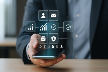 A person holds a smartphone displaying an interactive interface with business-related icons overlaid, representing connectivity, growth, and security.