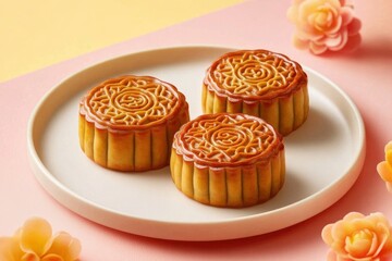 Chinese Mooncakes Arranged on Pink and Yellow Background with Intricate Traditional Mooncake pastries plate