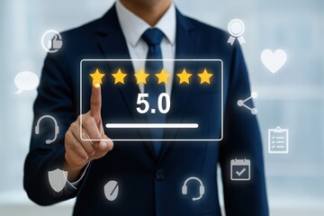 A person in a business suit interacts with a glowing 5.0 star rating, highlighting excellent service.