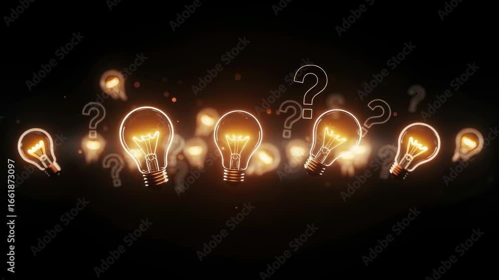 Poster multiple lightbulbs illuminating and question marks appearing, symbolizing new ideas and problem sol