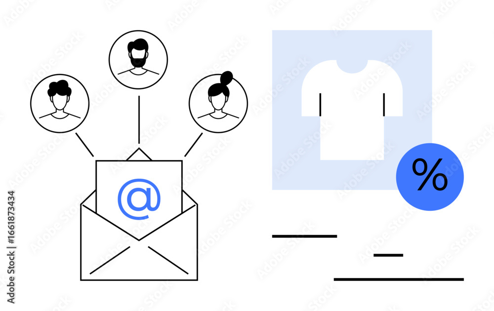 Aufkleber envelope with email icon linked to user avatars and product image with percentage discount. ideal fo