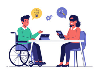 Inclusive Collaboration: An illustration captures two individuals, one in a wheelchair, engaged in a productive brainstorming session, ideas flourishing around them. 