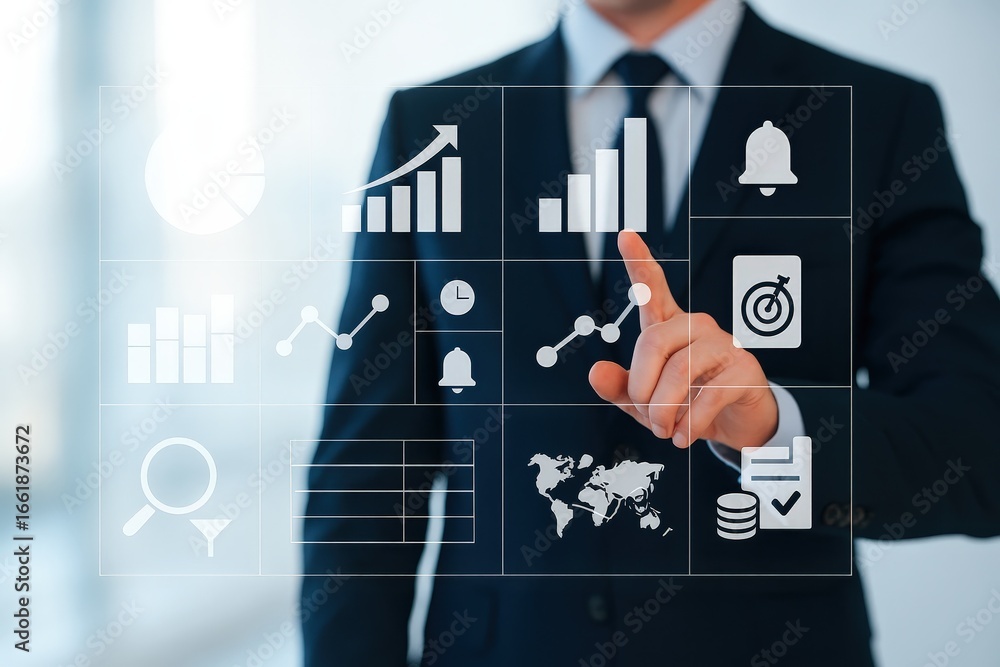 Poster a business professional interacts with a transparent interface displaying various business data visu