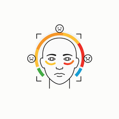 Illustration of a facial recognition system analyzing emotions with a color-coded scale and facial expressions