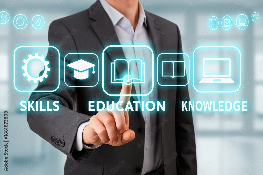 Poster a person in a suit interacts with a futuristic interface displaying the concepts of skills, educatio