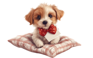 Adorable little dog wearing a heart themed bowtie and carrying present representing happiness loyalty and symbolic festive tradition isolated on transparent background PNG