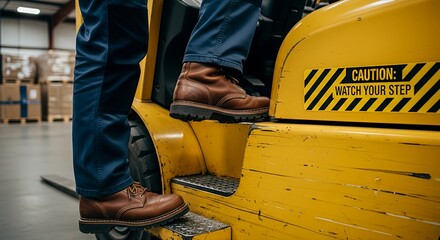 Warehouse Worker Safety Stepping Onto a Forklift