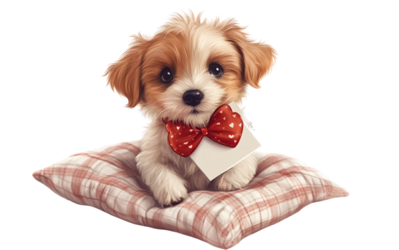 Adorable little dog wearing a heart themed bowtie and carrying present representing happiness loyalty and symbolic festive tradition isolated on transparent background PNG