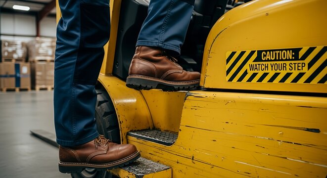 Warehouse Worker Safety Stepping Onto a Forklift