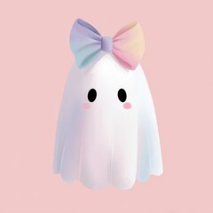 Cute kawaii ghost with bow celebrating halloween festival in pastel tones adorable illustration whimsical atmosphere