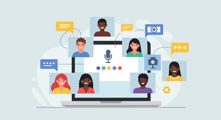 Illustration of diverse people engaged in a virtual meeting using a laptop with communication icons