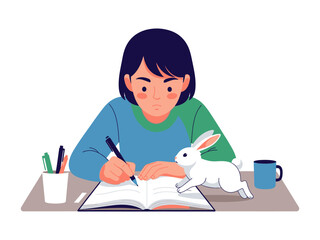 Creative Writing with a Bunny: A child concentrates intently, pen in hand, as a playful rabbit hops onto the desk beside her, illustrating the delightful combination of creativity and companionship.